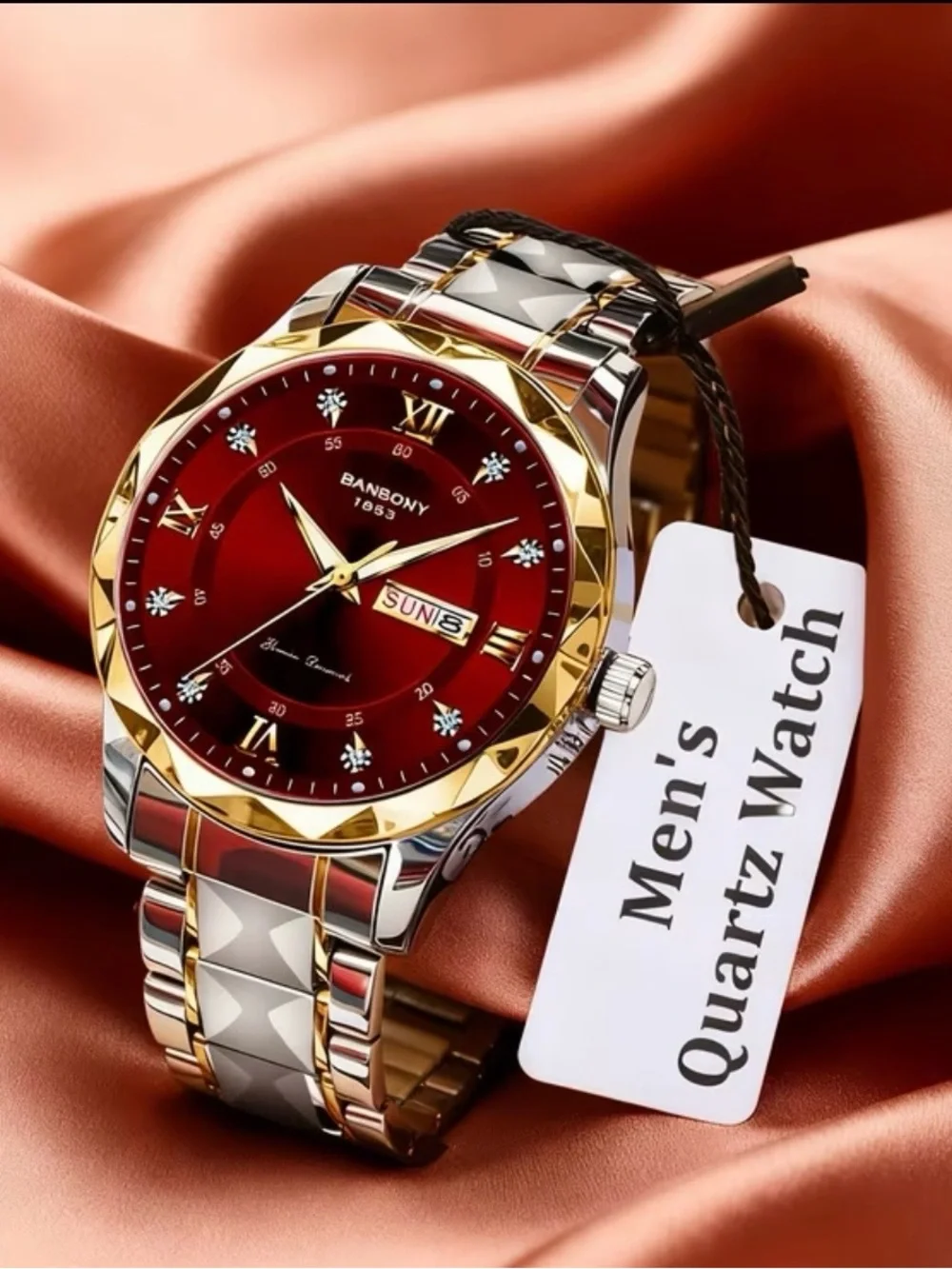 BANBONY stainless steel strip Quartz Watch with Rhinestone, Roman Numeral 41mm